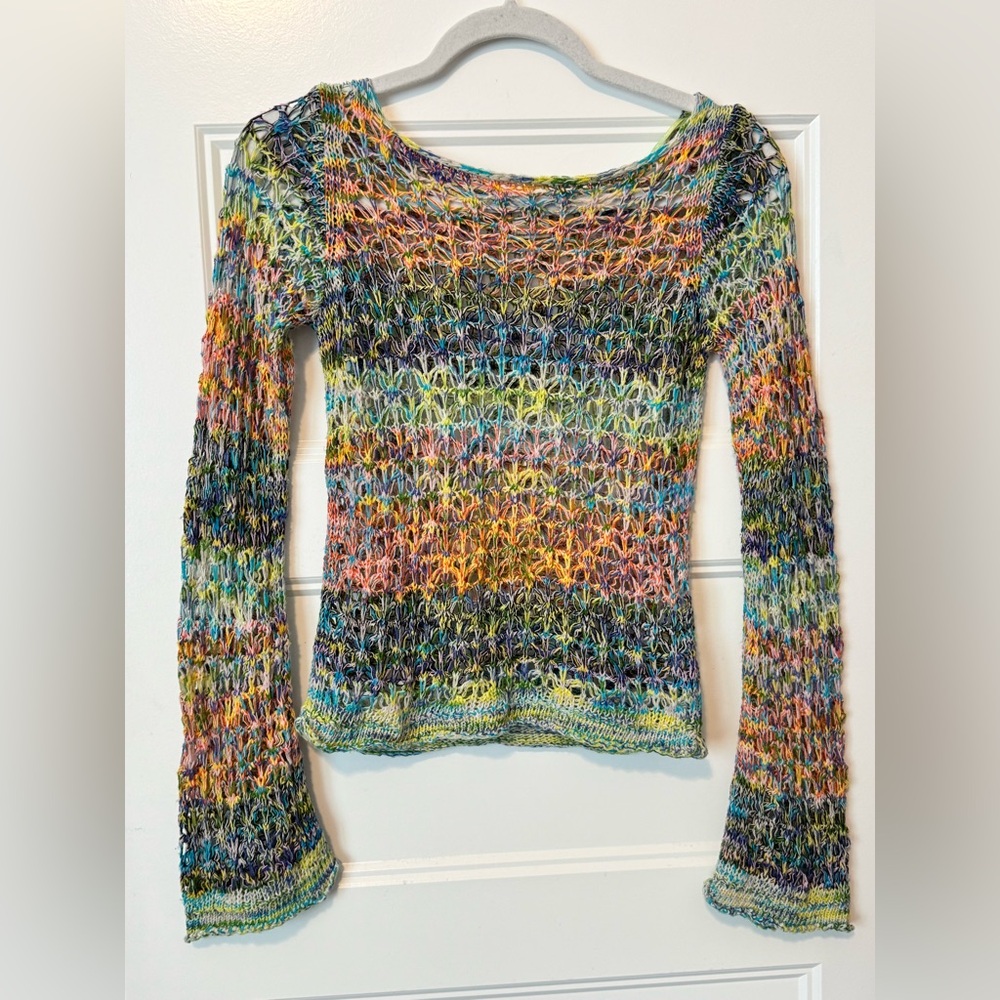 Urban Outfitters Rainbow Open Knit Sweater XS Bell Sleeve Fairycore Boho